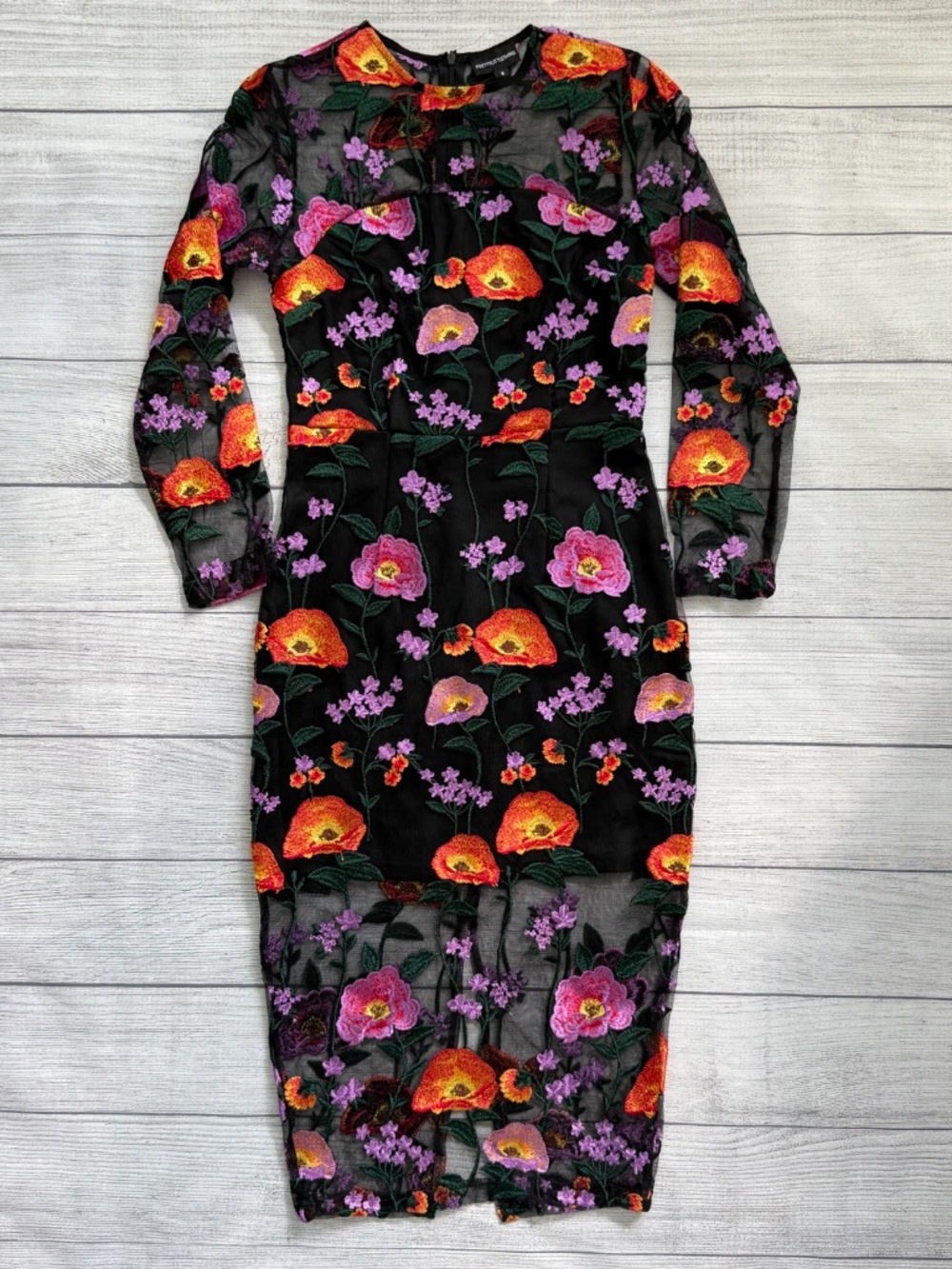PrettyLittleThing Black Floral Embroidered Mesh Midi Dress Size 8 Sheer Sleeve B